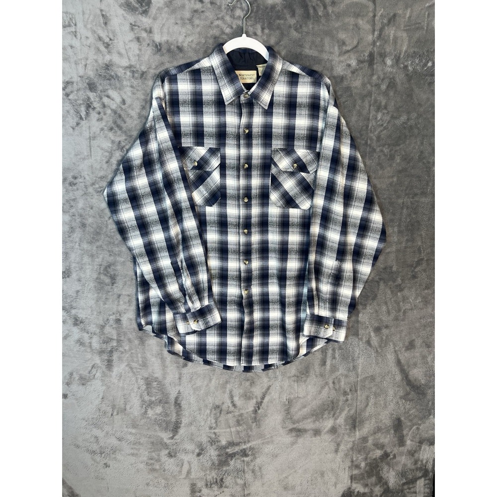 Northwest Territory Mens Large Blue White Plaid Flannel Button Down Shirt L/G